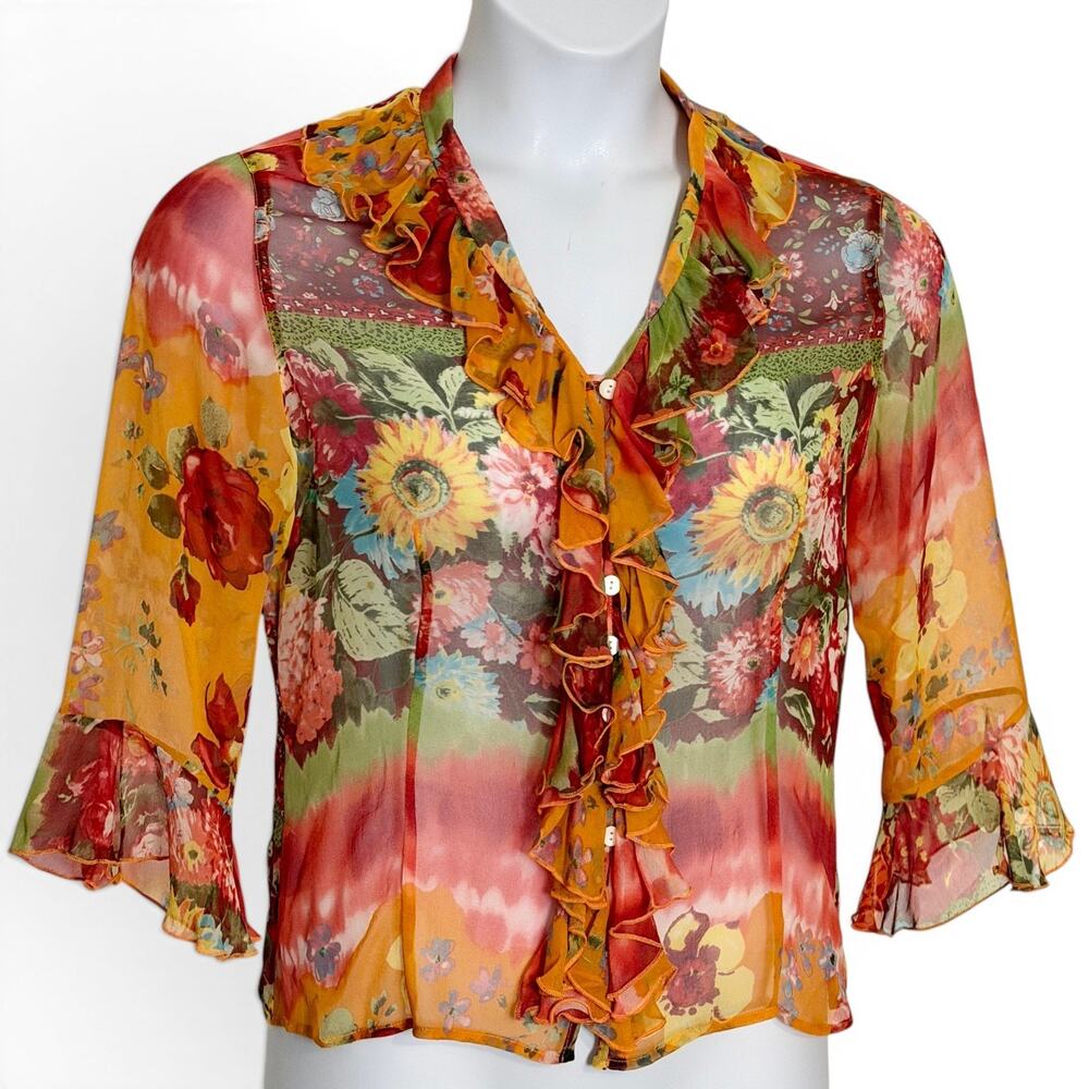 Coldwater Creek Ruffle Front Silk Blouse PM Sheer Artsy Boho Floral Button Up